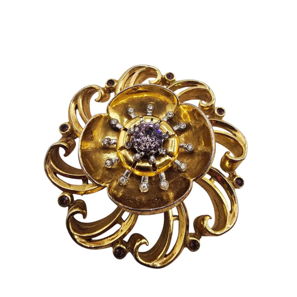 Antique Rare Heavy 40s Dimensional Cast Rhinestone Huge Flower Brooch (A8892)